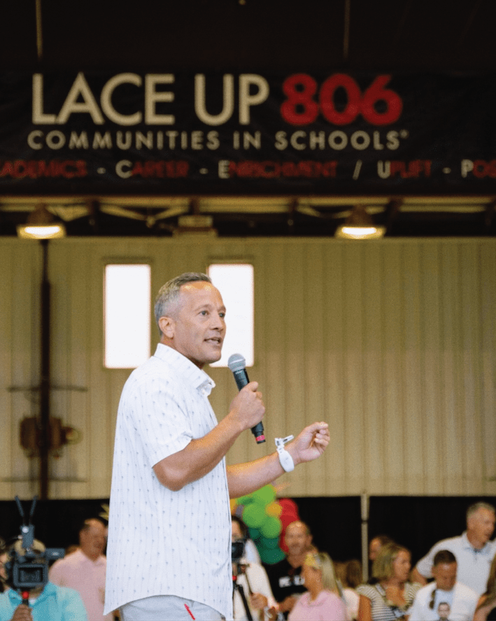 Texas Tech Basketball coach Grant McCasland speaking at LaceUp806, an event benefitting Communities in Schools of The South Plains. Marketing and photos provided by Tadpole